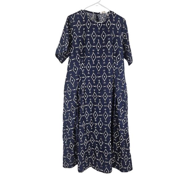 Toast Maxi Dress Navy Blue Linen Cotton Blend Geometric Tribal Lagenlook Size 16 - Picture 1 of 8